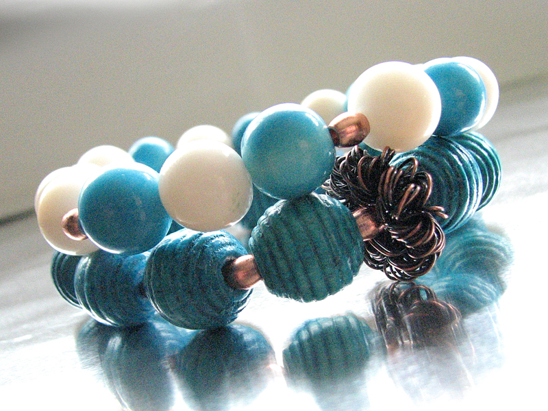 Blue Tagua Nut and Wood Beaded Stacking Stretch Bracelets - Set of Two
